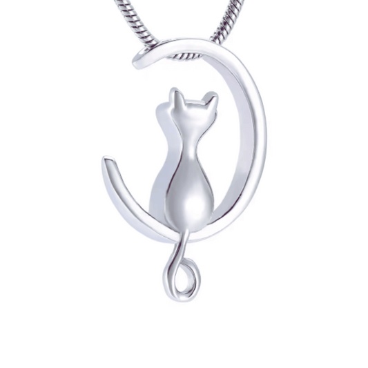 Silver Cat On The Moon Cremation Pendant